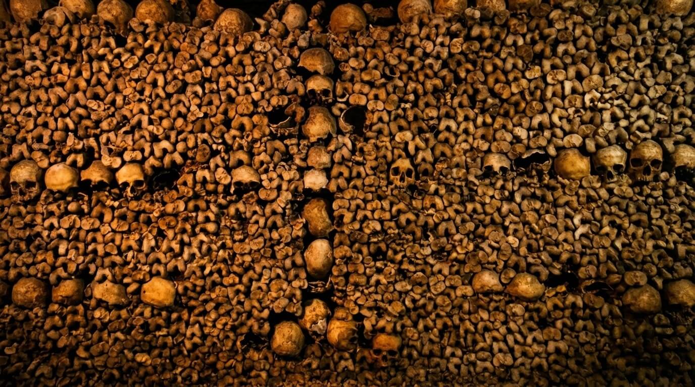 Close-up of a wall of stacked bone ends with a horizontal line of skulls in the Paris Catacombs