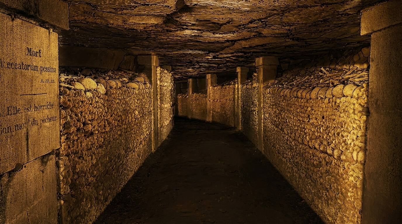 Straight gallery in the Paris Catacombs lined with bone walls and a carved stone plaque bearing a French verse